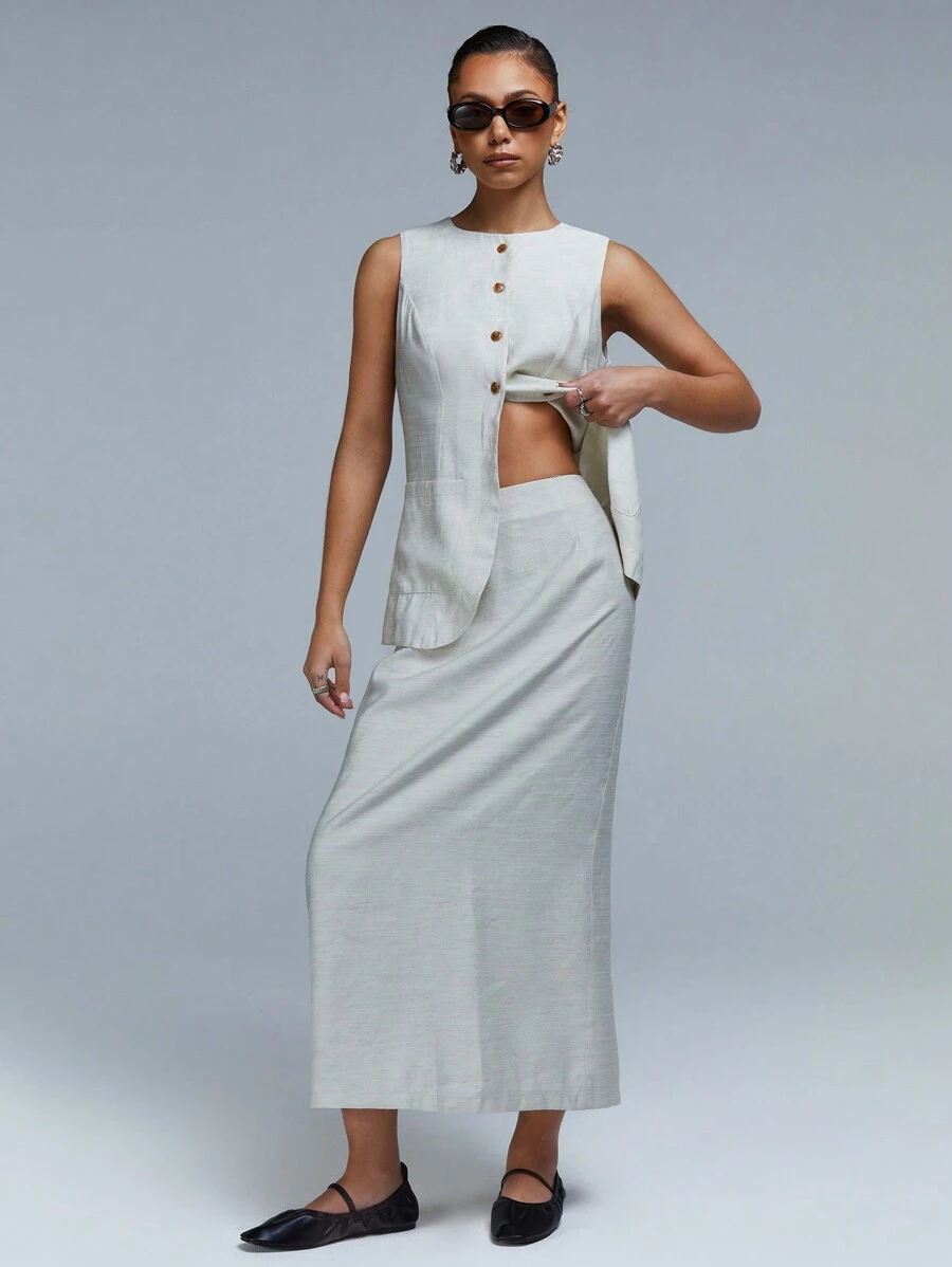 Athîral Women Stone High Waist Straight  Linen Look Midi Skirt - Apricot - View 1