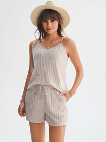 Wildy Của phụ nữ Sọc Áo ba lỗ Và Bộ quần short - Màu be - Xem 5
