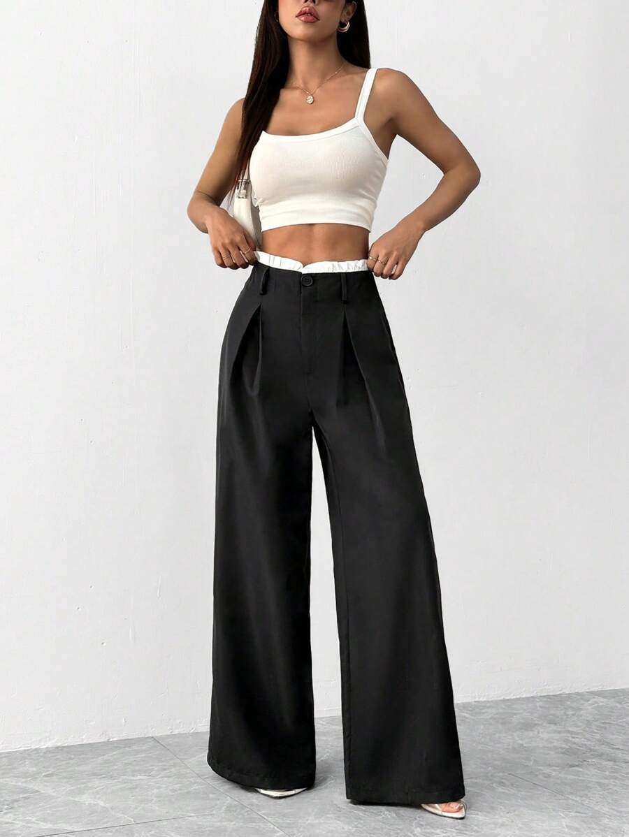 Chiquease 优雅休闲裤，荷叶边腰带黑白拼色长裤 - 黑色 - 查看 1