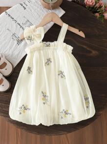 Souflis Souflis 女宝宝休闲夏季韩版可爱吊带蝴蝶结刺绣花朵编织杏色连衣裙 - 黃色 - 查看 7