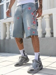 ROMWE MEN Street Life Summer Casual Men'S Floral Embroidery Loose Denim Shorts Jorts - Light Wash - View 1