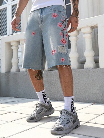 Street Life Pantalones cortos vaqueros holgados con bordado floral para hombres