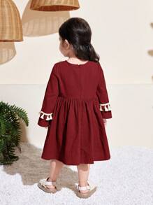 SHEIN 女婴可爱碎花流苏长袖连衣裙，适合春夏度假穿着 - 紅色 - 查看 2