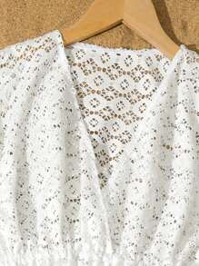 SHEIN Tween Girl' Cover Up, This Dress Style Hollow Cover Up Is Made Of High Quality Textured Solid White Fabric With A Simple And Fashionable Design. The Cinched Waist Design Highlights The Figure, Paired With Swimwear It Looks Very Exquisite. Suitable For The Personalized Needs Of Different Girls. The Ruffle Detail Makes The Swimsuit Look More Soft And Feminine. Very Suitable To Wear At The Swimming Pool Or Beach Resort, Adding Highlights To Your 2025 Travel.