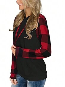 女式格子插肩袖长袖抽绳连帽运动衫，秋冬套头衫 - 彩色 - 查看 4