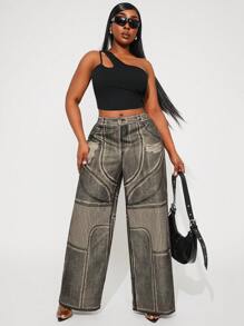 SHEIN SXY Plus Size Women Spring/Summer Denim Effect Distressed Print Elastic Waist Straight Leg Pants, Suitable For Cool Women, Date Night, Birthday, Bachelorette Party, Cute, Casual, Shopping, Ibiza,Nashville,Rave,Modest,Chic,Chill Streetwear, Going Out, Easy To Match & Look Slim, Accent Your Body, Flatter The Figure - Rust Brown - View 7