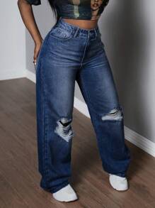 SHEIN Slayr Pantalones vaqueros rectos de mujer casuales desgastados y desteñidos