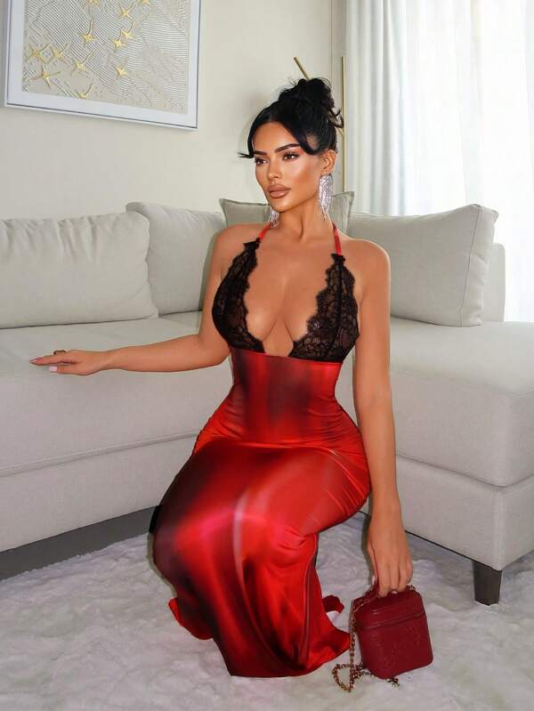 SHEIN SXY Rochie de damă, elegantă, sexy, din dantelă, cu patchwork, fără spate