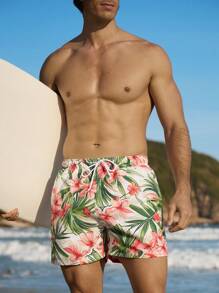 Manfinity Swimmode Men's Tropical Plant Print Drawstring Waist Casual Beach Shorts Men Swim Trunks - Multicolor - View 1