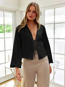 KARISMINA Solid Color Woven Flared Long Sleeve Loose Regular Blouse For Women,Long Sleeve Tops