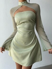 Aloruh Đầm ôm body tay loe hở lưng lưới gợi cảm cho nữ dự tiệc, màu đen - Màu xanh Bạc hà - Xem 7