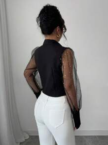 Elenzga Chemise crop à manches longues près du corps avec imprimé graphique métallique bohème, printemps/été pour femmes