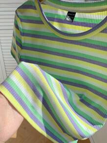 Comfortcana 女士加大码条纹针织圆领短袖 T 恤 - 薄荷綠 - 查看 5