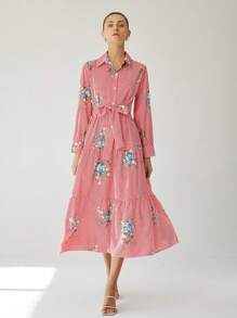 Aveloria Modichic Women Floral & Striped Print Ruffled Hem Long Sleeve Dress - Red - View 1