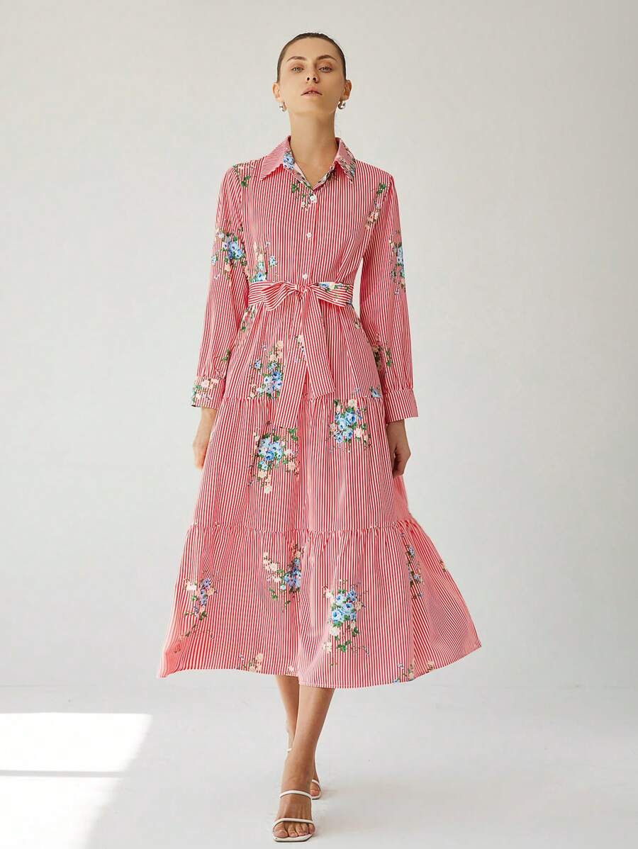 Aveloria Modichic Women Floral & Striped Print Ruffled Hem Long Sleeve Dress - Red - View 1