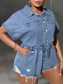 SHEIN SXY 大码破洞蓝色牛仔连体裤，休闲宽松短袖连身裤