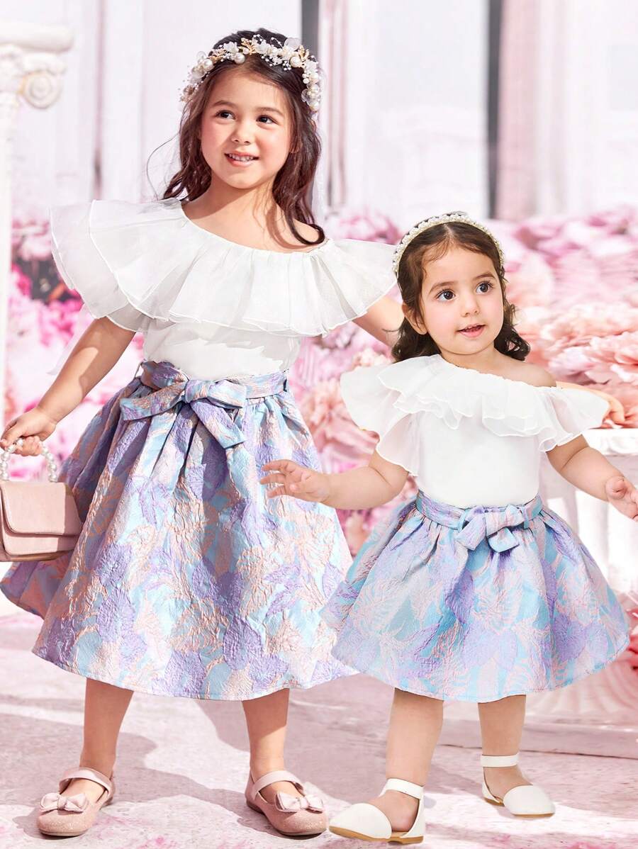 SHEIN Elegant Floral Pattern Ruffle Hem Skirt & Top Set, For Baby Girls Summer - Mauve Purple - View 1