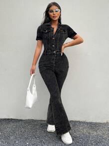 SHEIN SXY 女式紧身高腰长喇叭连体裤，短袖，性感有弹性，黑色 - 黑色 - 查看 5