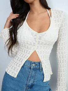 SHEIN Unity Camiseta de mujer de textura con escote en V, mangas con volantes y detalle de ojal falso, estilo vacacional - Beis - Ver 6
