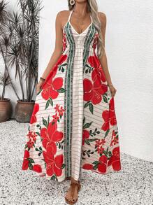 Breezaya Women's New Fashion Summer Vacation Spaghetti Strap Neck Print A-Line Dress