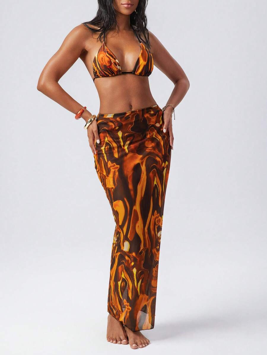 Swim EVENT Summer Sexy Hippie Hottie Y2K Style, Fashionable Hot-Selling Printed Long Dress Outer Gauze, Neck-Tie String Bikini 3-Piece Set For Easter Party - Multicolor - View 1