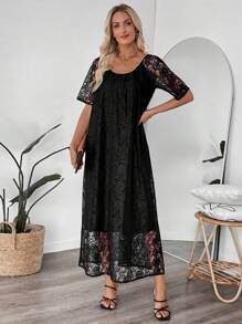 EMERY ROSE Women Elegant Solid Color Lace Dress - Black - View 4