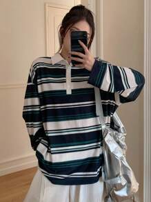 DAZY Áo thun thể thao dài tay họa tiết sọc khối màu đơn giản dành cho nữ, thời trang xuân/hè, thu - Màu xanh lam - Xem 5