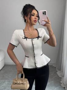 Elenzga Women Square Collar A-Line Bowknot Frill Short Sleeve Blouse, Spring/Summer - Apricot - View 3