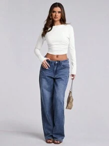 SHEIN BAE Women's Solid Color Date Night/Bachelor Party/Cocktail Party/Back To School Season/Concert/Rave Party/Fashion High Street Outing/Sexy Backless Bowknot Simple Pleated T-Shirt/Concert Women/Sexy Top - White - View 3