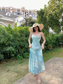DAZY 女士束腰吊带A字连衣裙，优雅法式沙滩夏季连衣裙，休闲女士复活节游轮装扮 - 綠色 - 查看 4