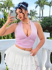 SHEIN EZwear Plus Size Pink Plaid Suspender & Cami Set, Spring/Summer - Pink - View 10
