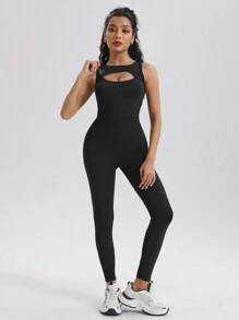 Solid Color Backless Sleeveless Seamless Yoga Jumpsuit - Black - View 2