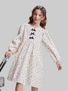 Ontre Tween Girls Cute Polka Dot Small V-Neck Bow Decor 3/4 Batwing Sleeve Loose Ruched Hem Casual Dress, Suitable For Vacation, Home, School, Fashion & Versatile