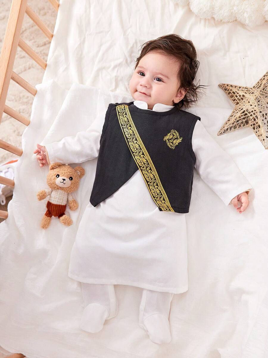 SHEIN 2 件装新生男婴夏季可爱黑色背心和白色长袍衬衫套装,适合生日派对、晚会、表演、婚礼、婴儿洗礼、一岁生日仪式 - 彩色 - 查看 1