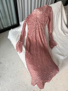 DAZY Lace Sheer Fitted Long Sexy Nightgown - Red - View 9