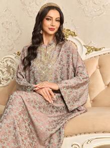 Al Najma Gold Pearl & Rhinestone Embellished Batwing Sleeve Party Robe, Kaftan & Jalabiya - Multicolor - View 3