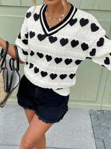 SHEIN LUNE Women's Casual V-Neck Heart Knit Sweater Top - Black and White - View 5