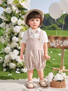SHEIN 2 件/套男婴/女婴休闲短袖衬衫 + 裤子套装，适合春夏季的绅士装，适合生日派对、洗礼、1 岁生日、派对、表演、婚礼（优雅、婚礼嘉宾、花童、戒指男孩） - 卡其色 - 查看 5