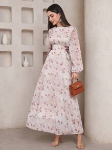 Veilorie Women's Elegant Tiny Ditsy Floral Lantern Sleeve Criss-Cross Tie Waist Arabic Style Dress - Multicolor - View 2