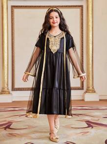 SHEIN Set de 2 piezas con vestido de niña preadolescente bordado con lentejuelas y chaqueta con superposición de malla - Negro - Ver 3