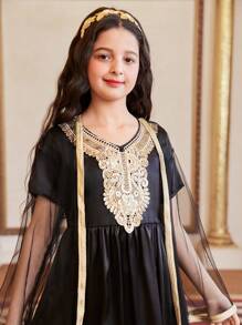SHEIN Set de 2 piezas con vestido de niña preadolescente bordado con lentejuelas y chaqueta con superposición de malla - Negro - Ver 4