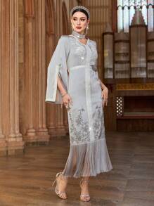 Al Najma Women's Elegant Sequin Embroidery Rhinestone Tassel Hem Arabian Dress, Luxury Evening Dress Arabian Dresses - Grey - View 7