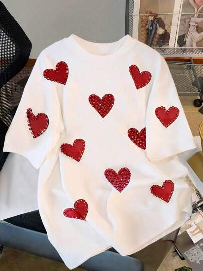 GlowEve Camiseta de manga corta casual para mujer con estampado de corazón y decoración de rhinestone