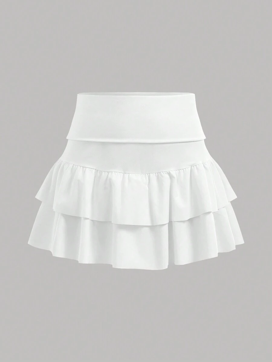 Girlism Teen Girl White Solid Low Waist Cute Dual Layer Flounce Cake Skirt With Anti-Flashing Shorts, Collegiate Style Cake Skirt