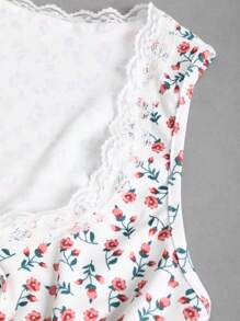 SHEIN Unity Women's Cute Ditsy Floral Lace Trim Tie Front Summer Crop Top - White - View 6
