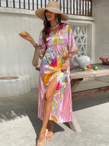 SHEIN VCAY Women's  Summer  Boho Dress Holidaya Graphic & Striped Frill Pearls Split Hem Batwing Sleeve Dress Summer Vacation Beach Vacation  Easter Dress Women  Dress Concert Outfit Women  Dress  Going Out  Dress  Sun Dress