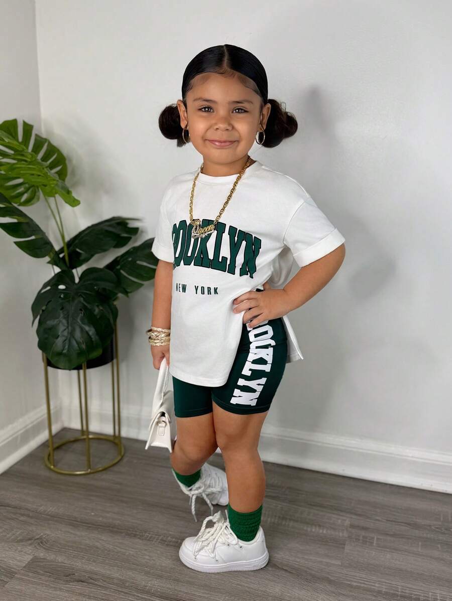 Conjunto de top de manga corta de cuello redondo y pantalones cortos de punto liso para niña, estilo deportivo callejero, primavera/verano - Verde - Ver 1