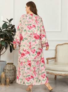 Al Najma Plus Size Arab Women's Fashionable Elegant Printed Long Robe With Long Sleeve Kaftan Jalabiya Dress - Pink - View 2