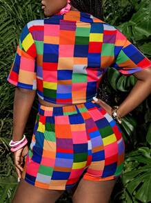 Slaydiva Women's Plus Summer Color Plaid Drop Shoulder Patch Pocket Shirt & Shorts,Vacation,Holiday Outfits - Multicolor - View 2