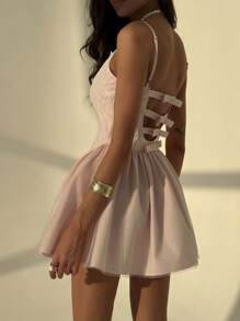 Aloruh Romantic Date Sexy Spaghetti Strap Lace Trim Open Back Bowknot Extremely Short Pink Women Dress - Pink - View 5